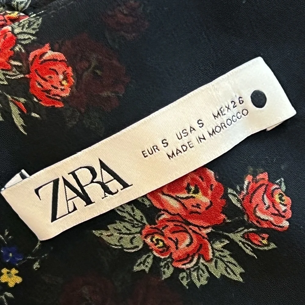 Zara Floral Ruched Mini Dress Mesh Ruffle Plunge V-Neck Puff Sleeve Black S - Picture 8 of 10